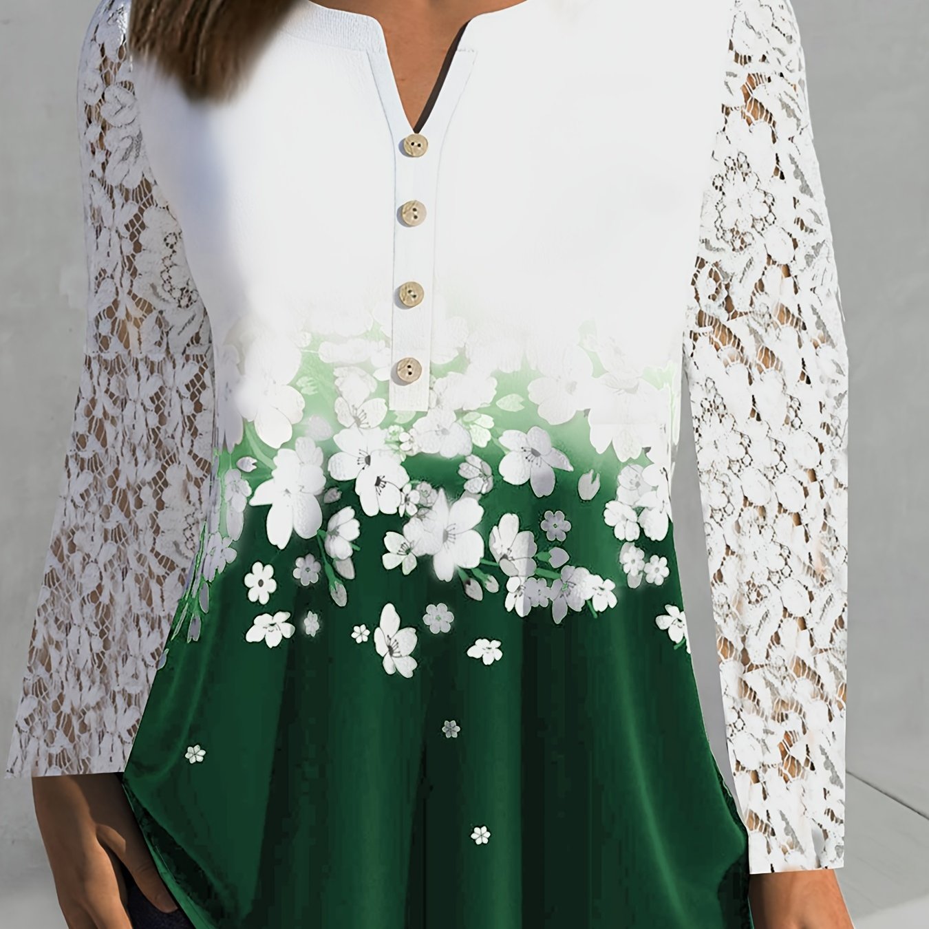 Floral Print Notch Neck T-Shirt, Casual Lace Stitching Long Sleeve Top For Spring & Fall, Women's Clothing