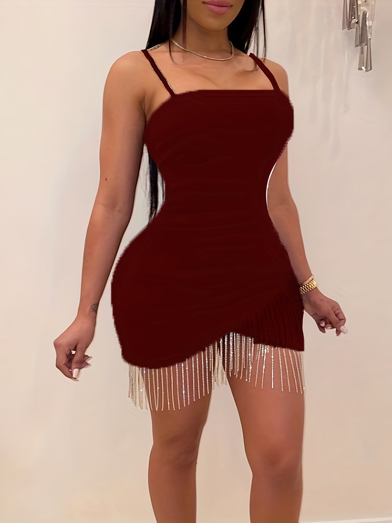 vlovelaw Bodycon Tassel Spaghetti Dress, Sexy Backless Stretchy Cami Dress For Party, Women's Clothing