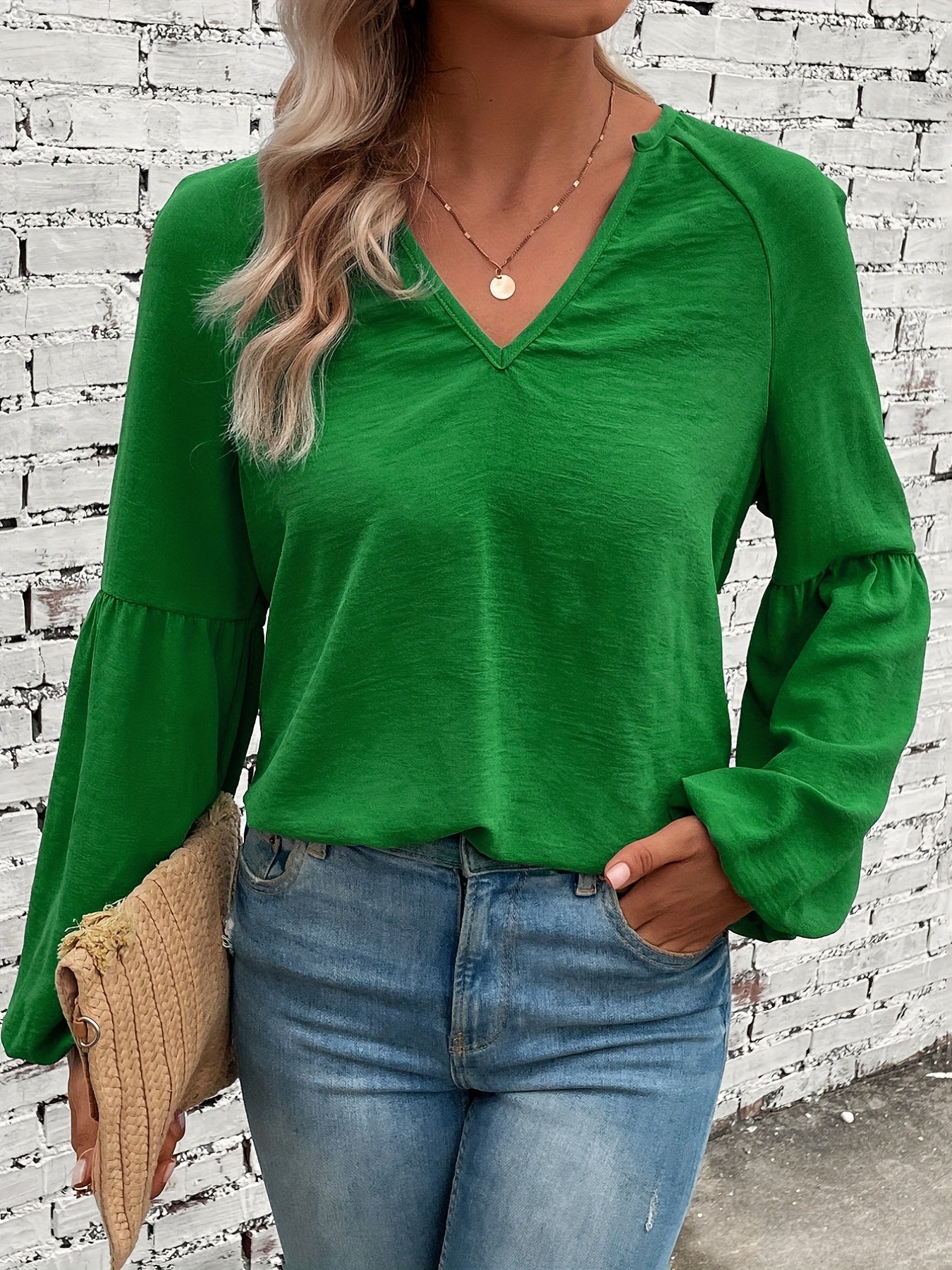 Solid Simple Blouse, Casual V Neck Lantern Long Sleeve Blouse, Women's Clothing