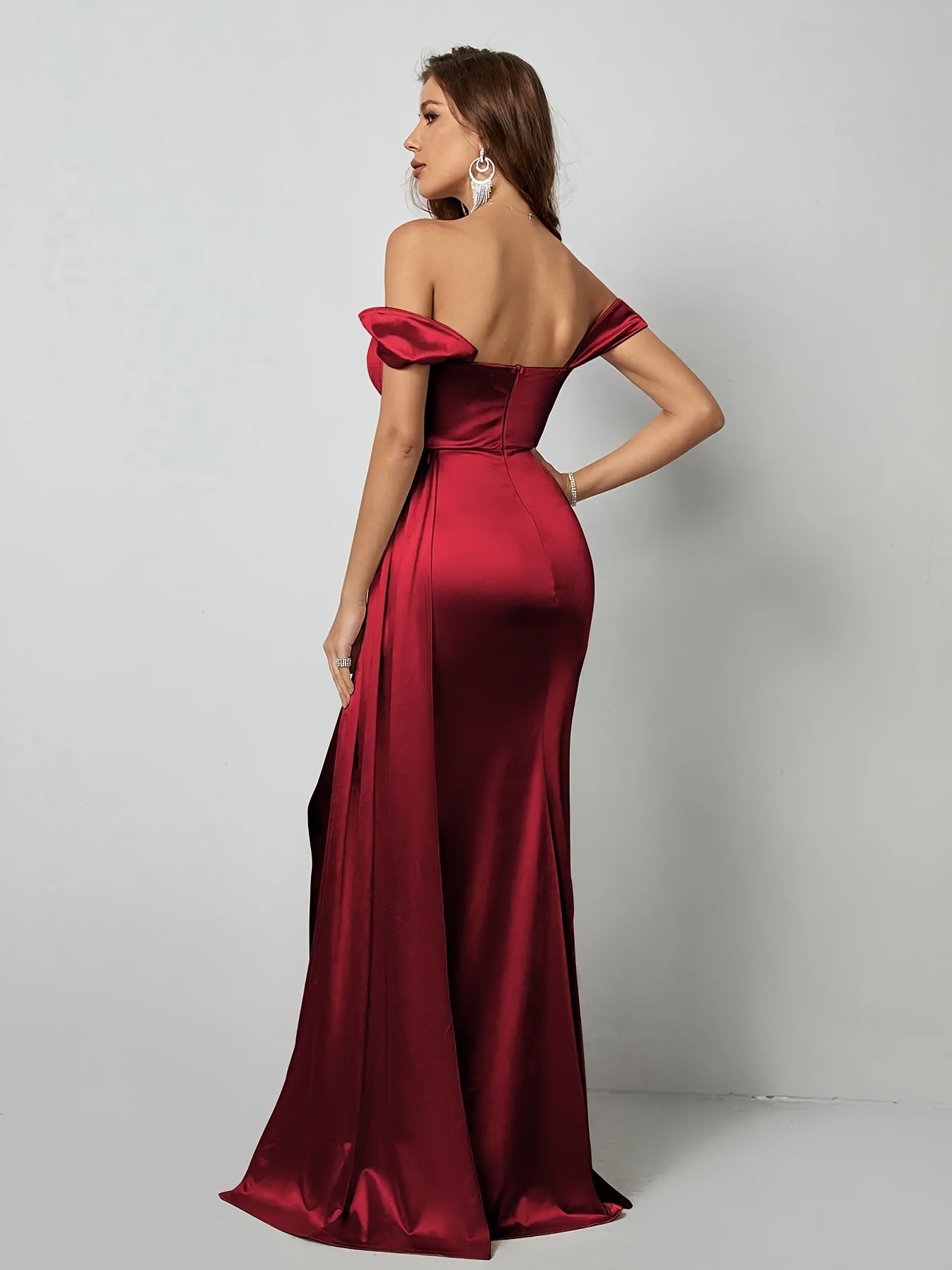 vlovelaw Split Thigh Off Shoulder Dress, Elegant Solid Party Wear Maxi Dress, Women's Clothing