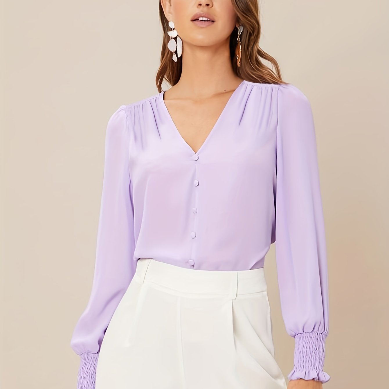 Solid Shirred Daily Wear Blouse, Elegant V Neck Long Sleeve Blouse, Women's Clothing