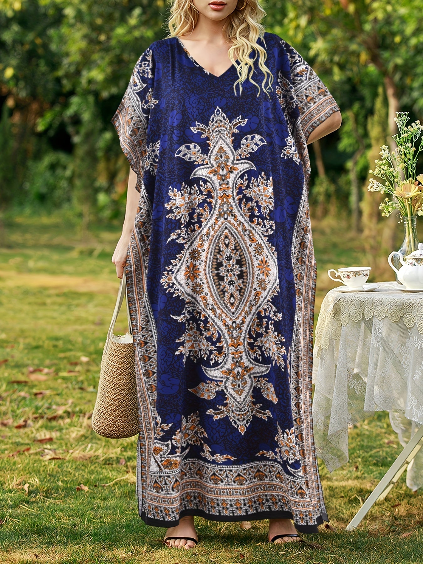 Graphic Print V-neck Dress, Casual Short Sleeve Split Dress For Spring & Summer, Women's Clothing