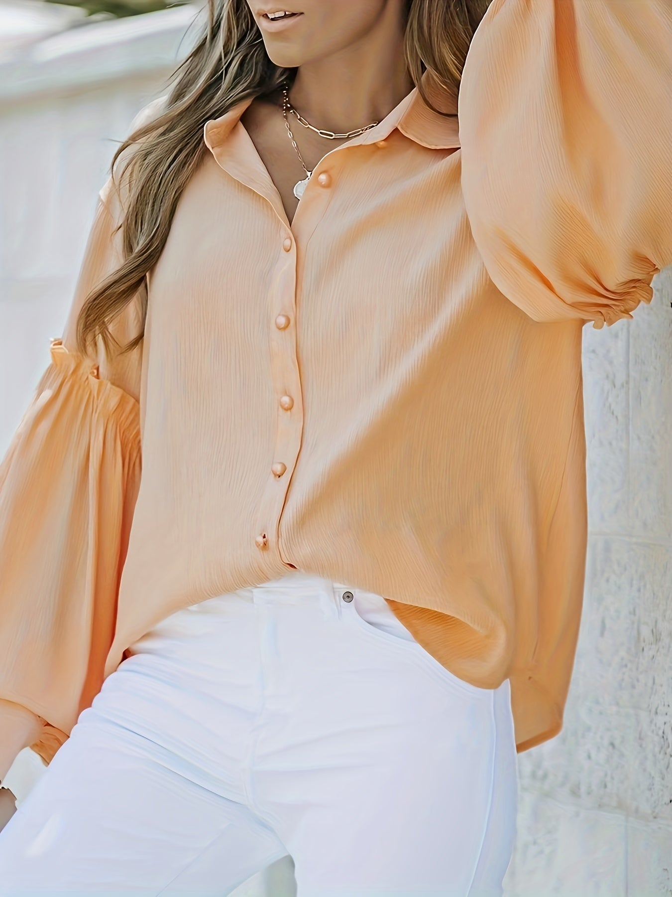 vlovelaw Solid Polo Collar Blouse, Casual Lantern Sleeve Blouse For Spring & Fall, Women's Clothing