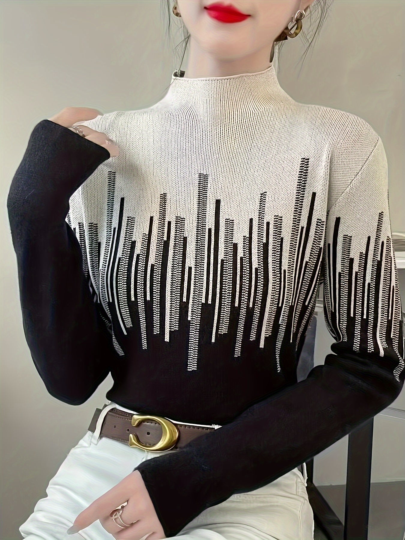 Color Block Mock Neck Pullover Sweater, Elegant Long Sleeve Slim Fashion Sweater, Women's Clothing