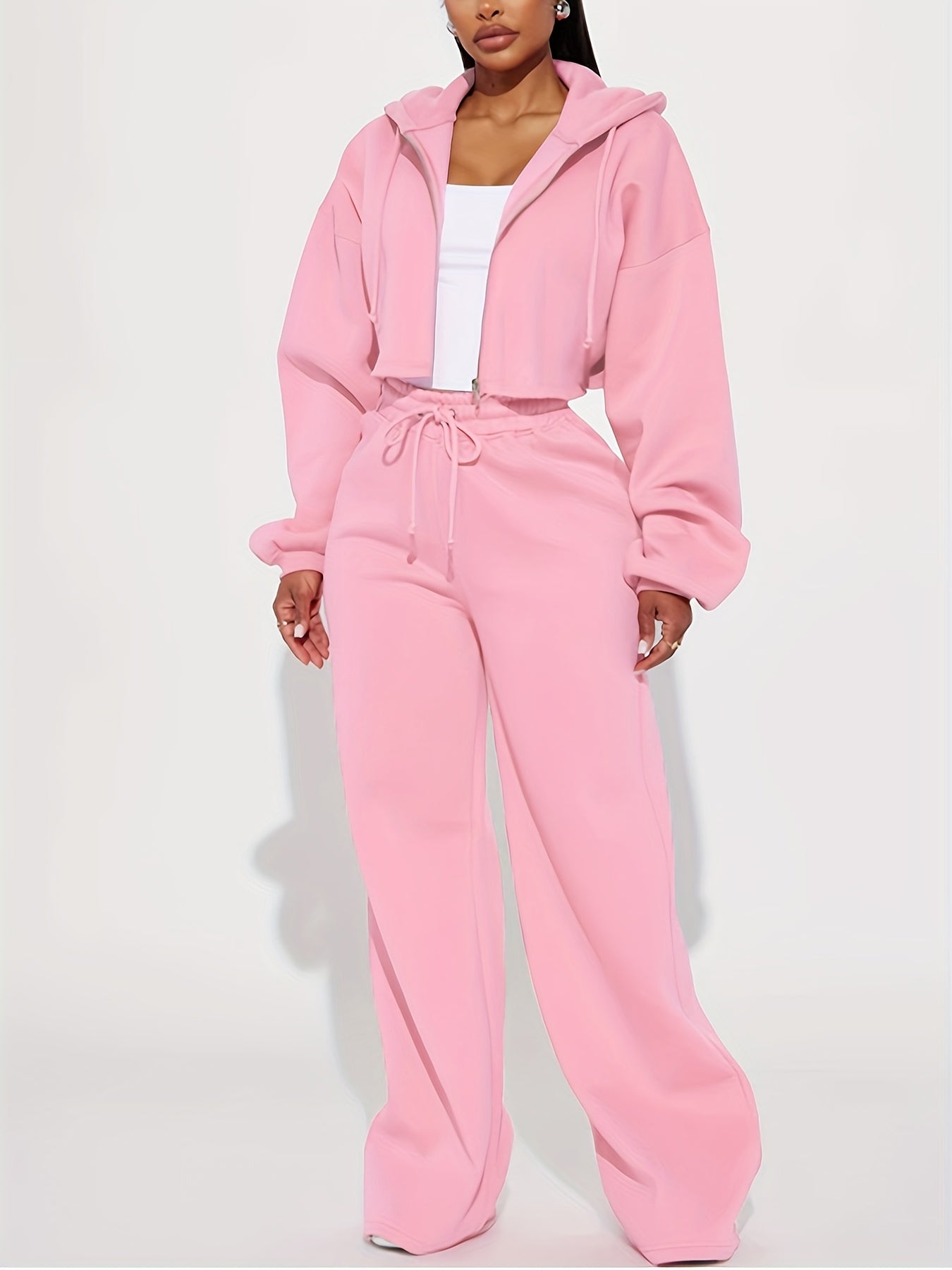 vlovelaw Casual Solid Two-piece Pants Set, Long Sleeve Zipper Front Hooded Top & Drawstring Wide Leg Pants Outfits, Women's Clothing