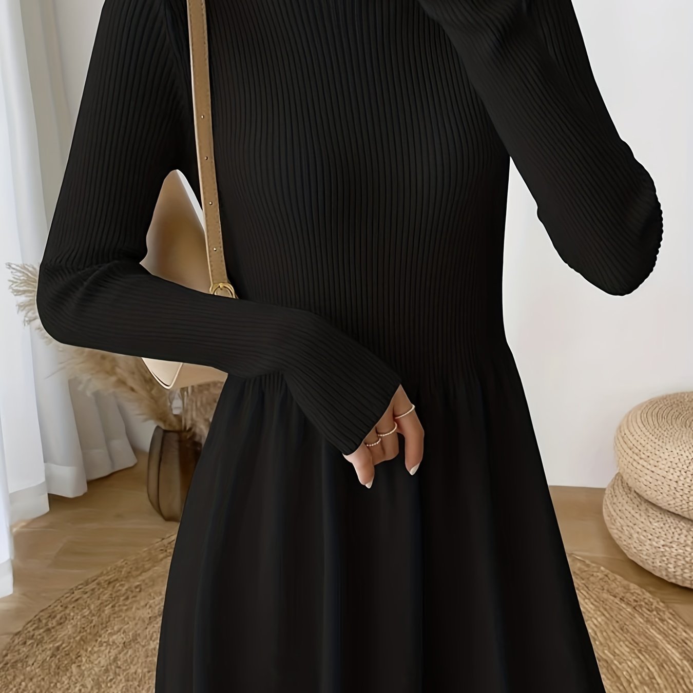 vlovelaw Solid Mock Neck Splicing Dress, Elegant Long Sleeve Aline Dress For Spring & Fall, Women's Clothing