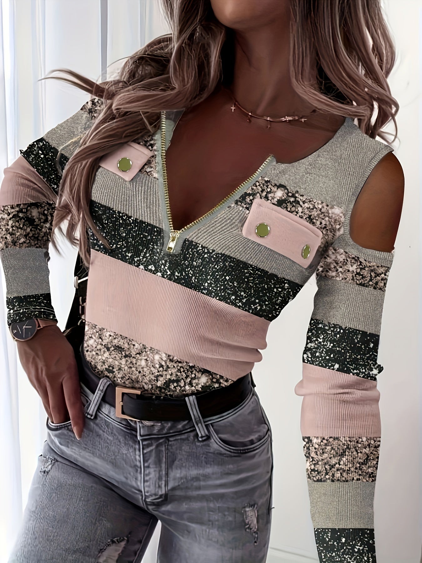 vlovelaw Zipper Color Block T-shirt, Casual Cold Shoulder Long Sleeve T-shirt, Women's Clothing