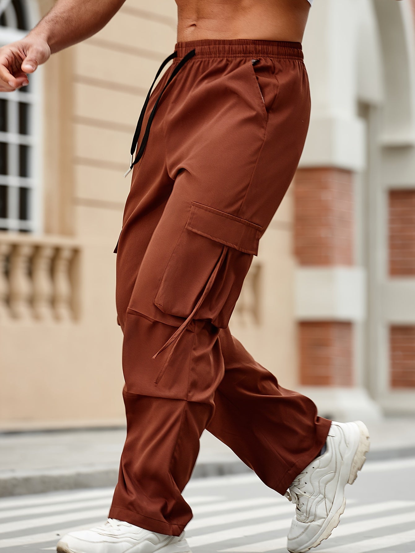 vlovelaw Solid Men's Chic Daily Cargo Pants With Big Pockets And Drawstring, All Seasons Outdoor Pants