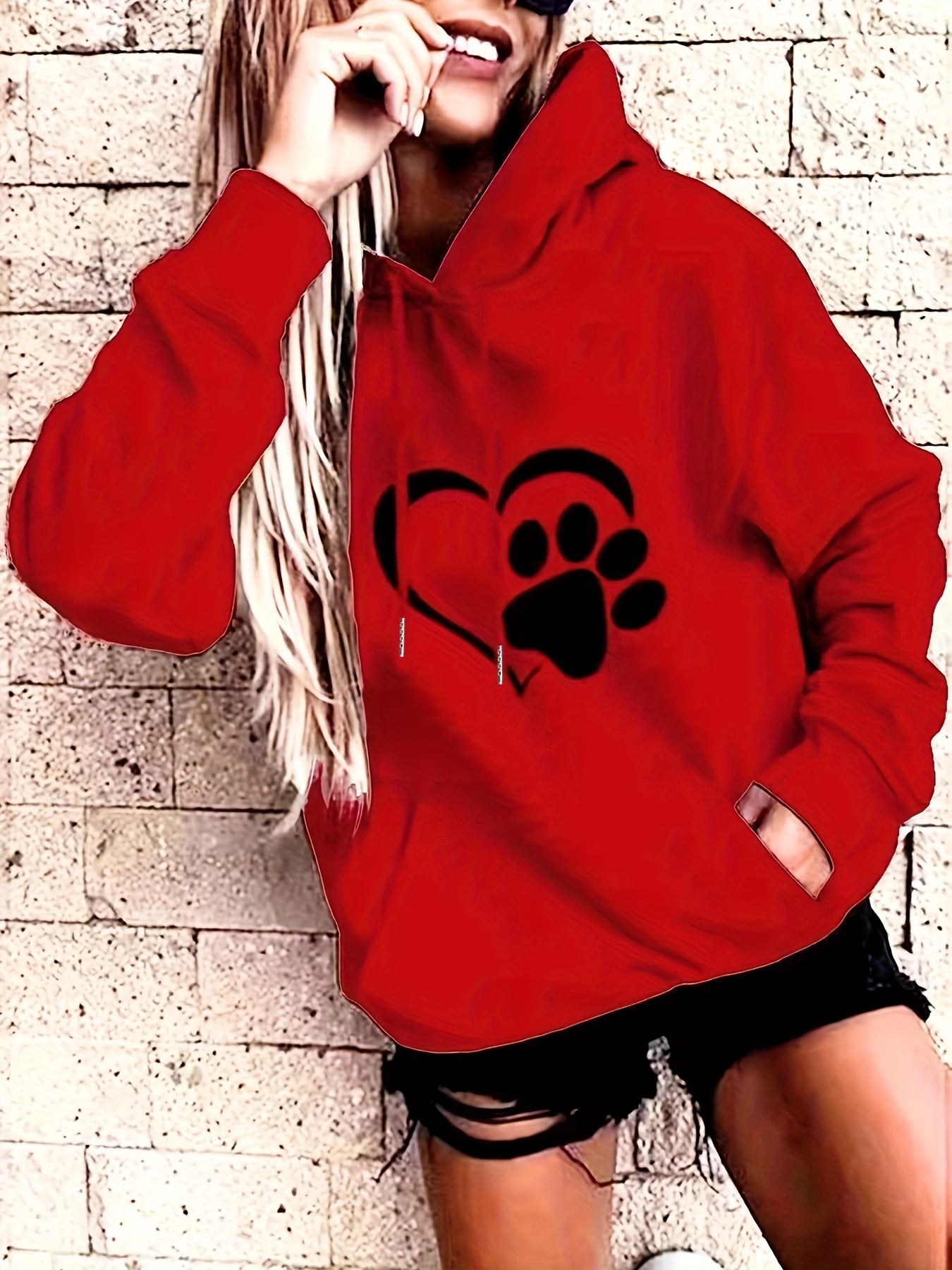 vlovelaw Plus Size Casual Sweatshirt, Women's Plus Paw Heart Print Long Sleeve Medium Stretch Drawstring Hoodie With Pocket