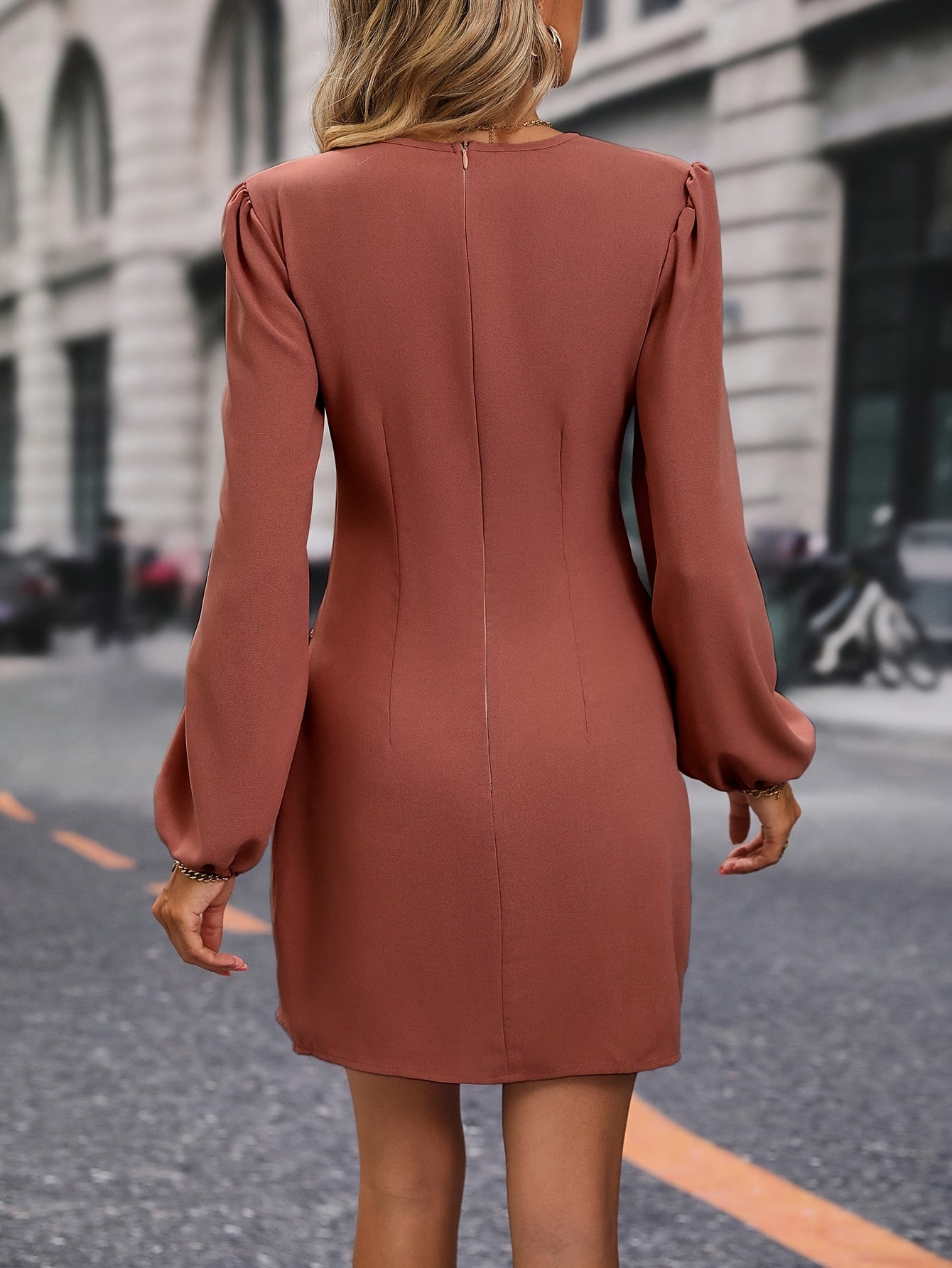 vlovelaw Solid Surplice Neck Dress, Elegant Lantern Sleeve Ruched Dress, Women's Clothing