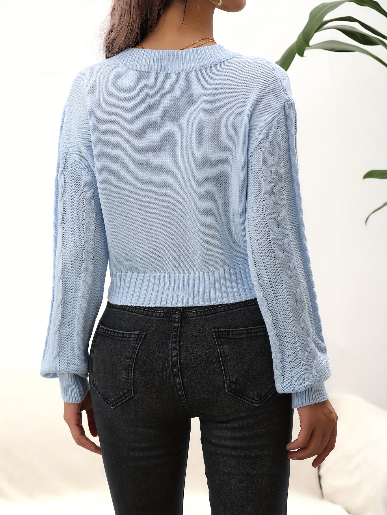 vlovelaw Solid Cable V Neck Sweater, Casual Long Sleeve Drop Shoulder Sweater, Women's Clothing