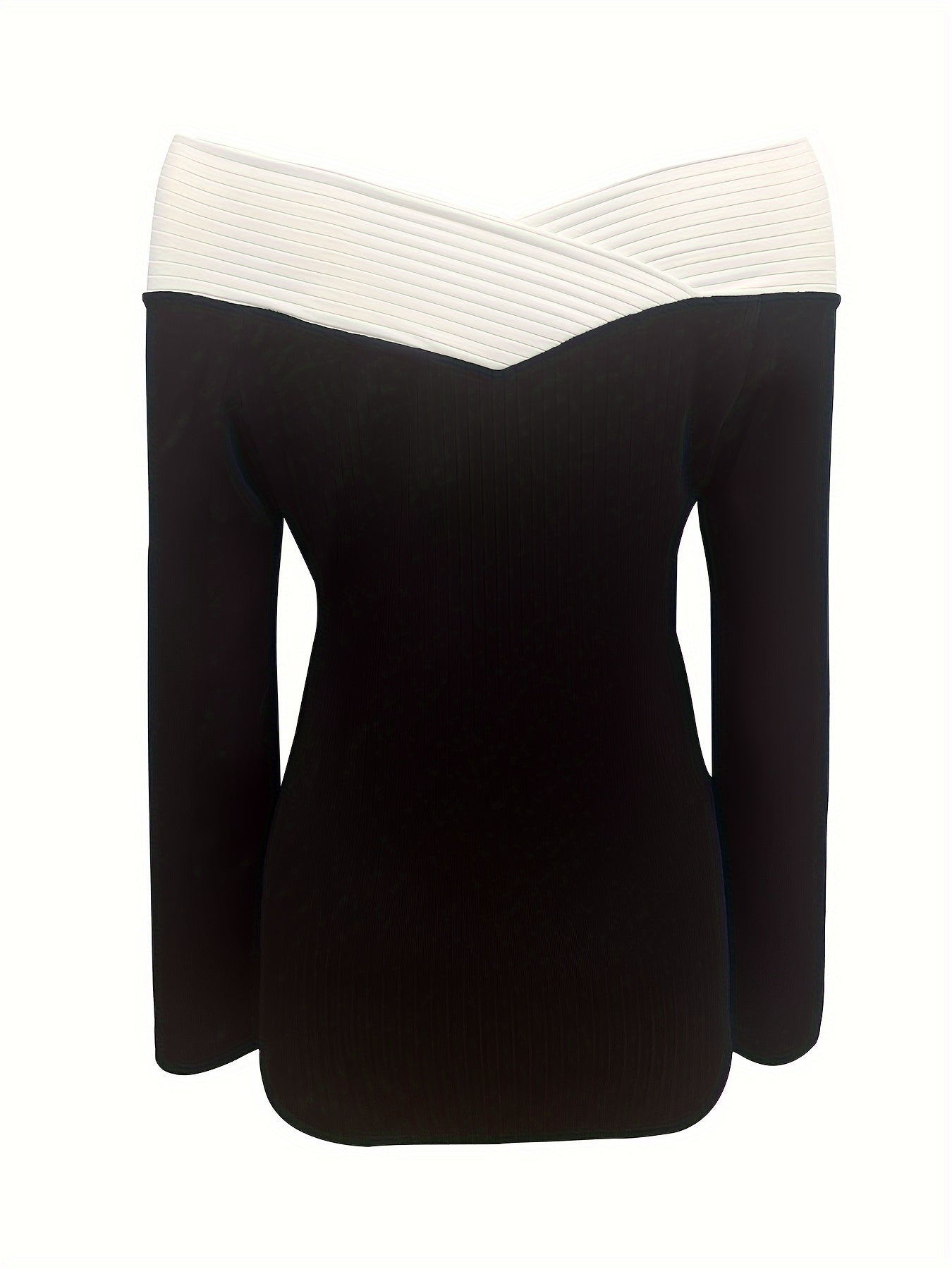 vlovelaw  Color Block Off Shoulder T-shirt, Casual Long Sleeve Slim Top For Spring & Fall, Women's Clothing