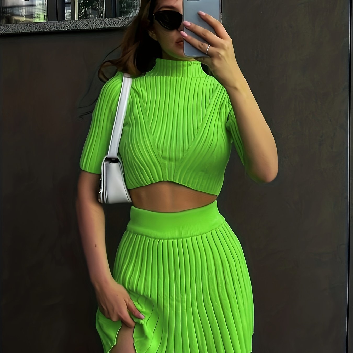 vlovelaw Ribbed Solid Two-piece Skirt Set, Mock Neck Short Sleeve Crop Top & High Waist Skirts Outfits, Women's Clothing