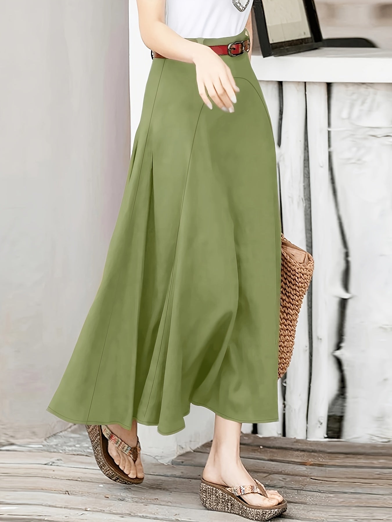 vlovelaw Plus Size Casual Skirt, Women's Plus Solid Stitching High Rise Swing Maxi Skirt Without Belt
