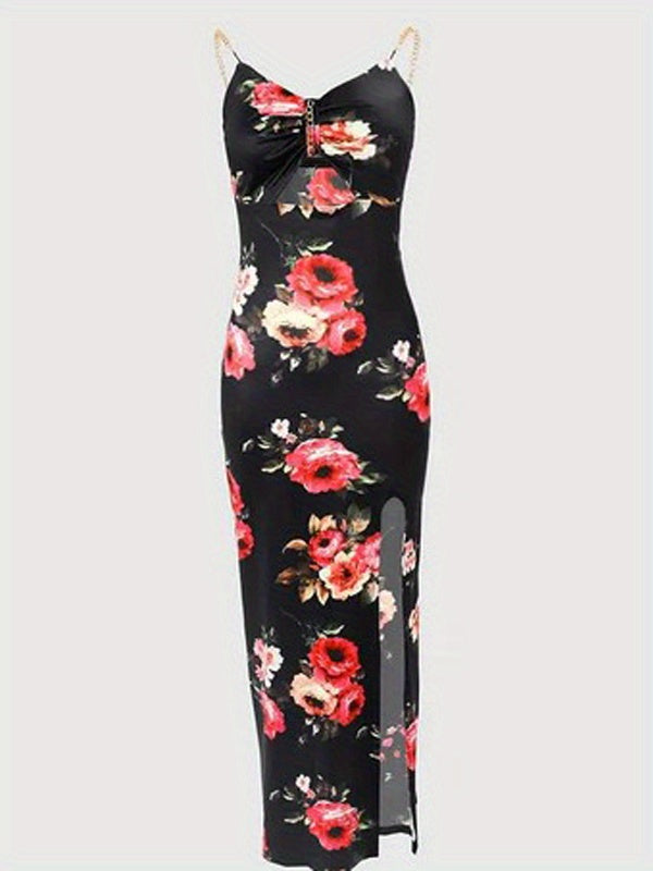 vlovelaw Floral Print Chain Strap Dress, Sexy Cut Out Sleeveless Bodycon Dress, Women's Clothing
