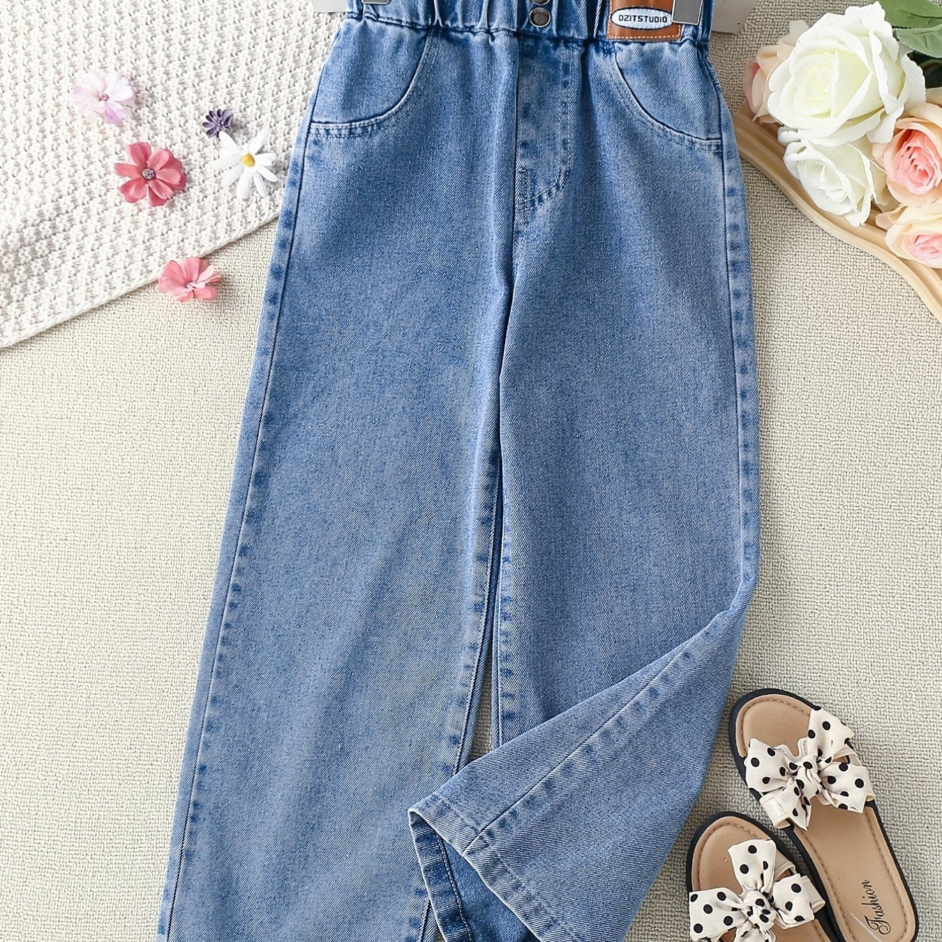 vlovelaw Toddler Girls Button Jeans Elastic Waist Loose Wide Leg Denim Pants Kids Spring Summer Clothes