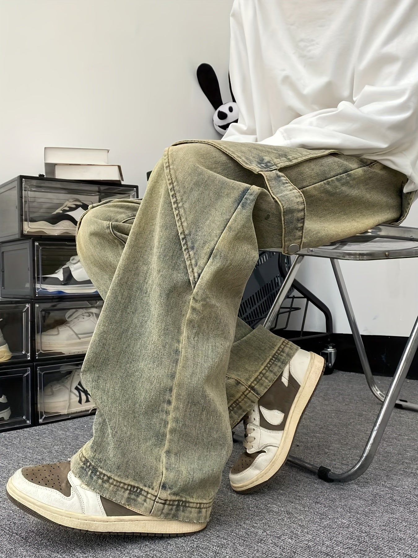 vlovelaw Loose Fit Vintage Style Denim Pants, Men's Casual Street Style Wide Leg Jeans