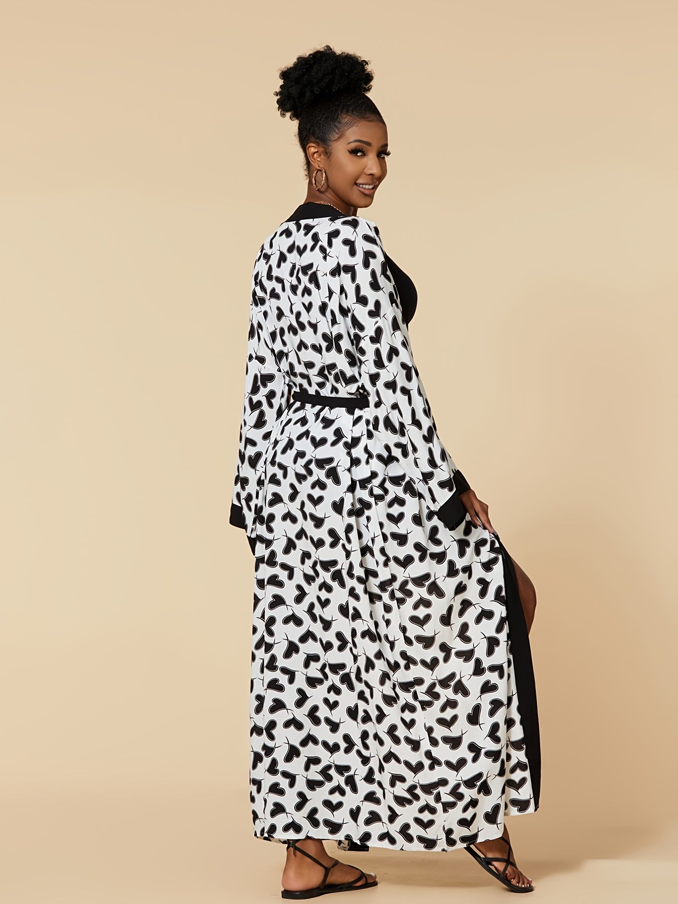 vlovelaw Heart Print Beach Wear Tunics, Boho Open Front Long Sleeve Summer Long Length Tunics, Women's Clothing