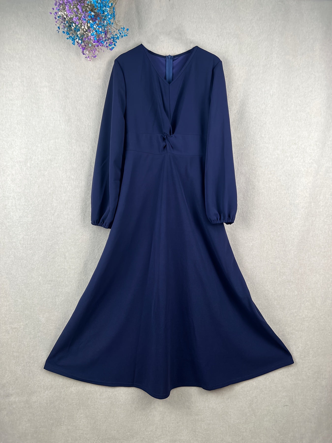 vlovelaw Twist Front Lantern Sleeve Dress, Chic V Neck A-line Dress For Spring & Fall, Women's Clothing