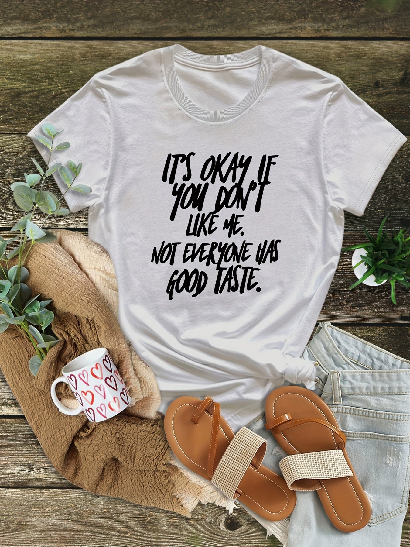 Plus Size Slogan Print Short Sleeve T-shirt, Women's Plus Slight Stretch Round Neck Casual T-shirt