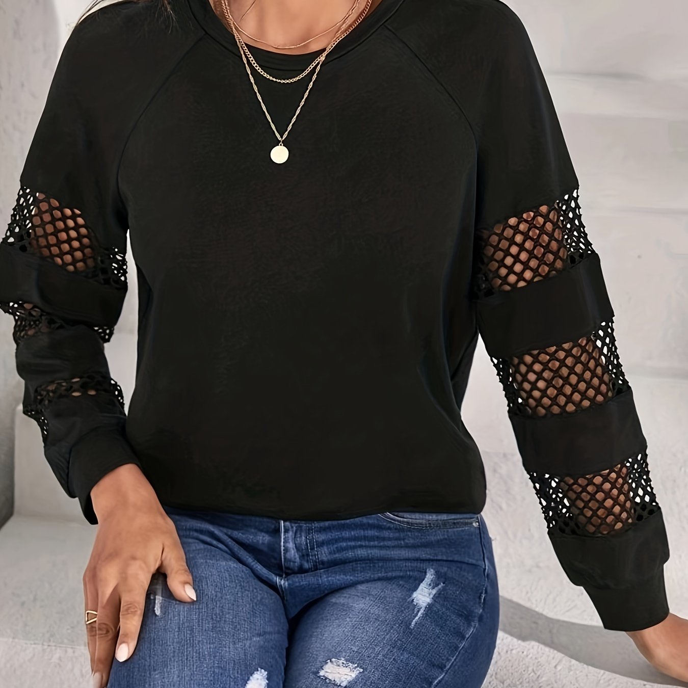 vlovelaw Cutout Crew Neck T-Shirt, Casual Long Sleeve Top For Spring & Fall, Women's Clothing