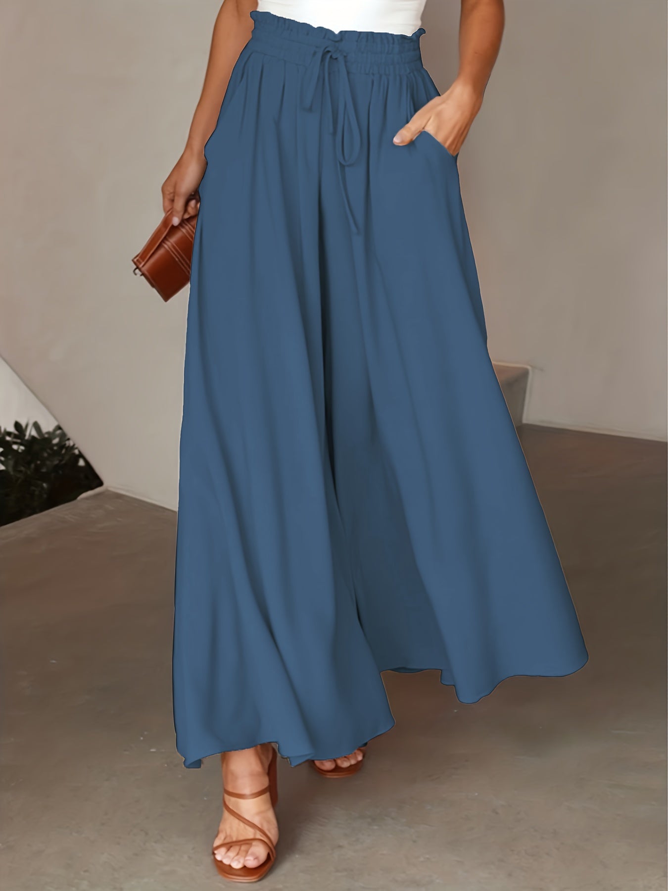 High Waist Drawstring Wide Leg Pants, Casual Loose Pants For Spring & Fall, Women's Clothing