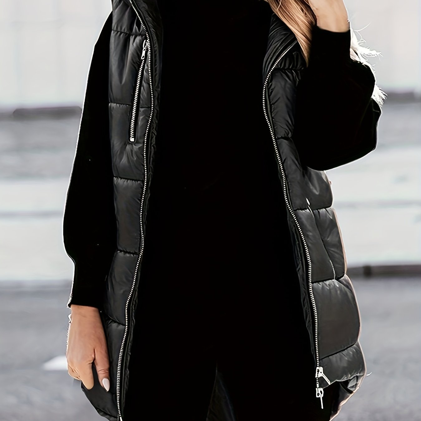 vlovelaw Sleeveless Oversized Parka, Zip Up Solid Casual Outwear For Winter & Fall, Women's Clothing