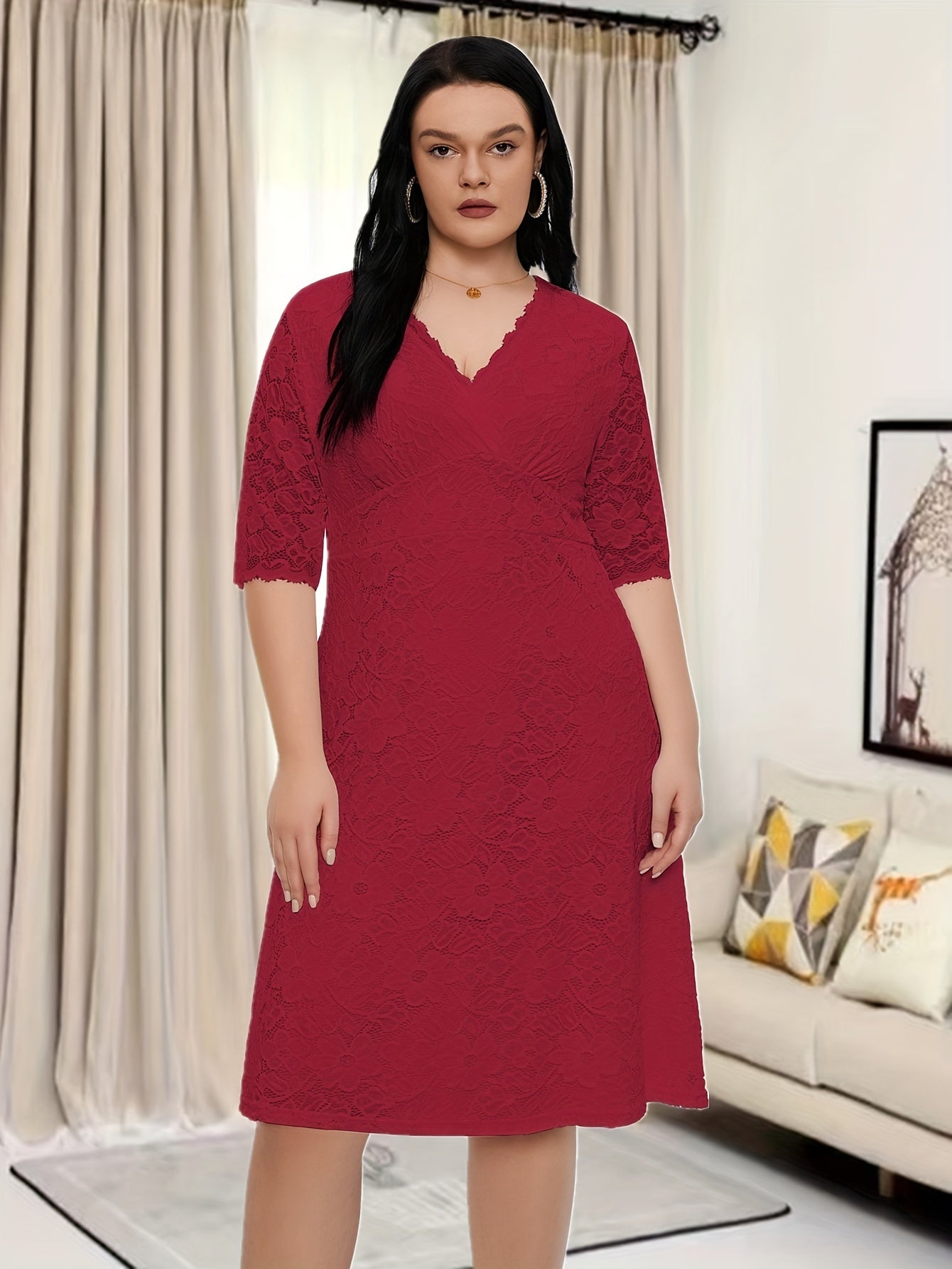 Plus Size Floral Lace Dress, Elegant V Neck Half Sleeve Dress For Party & Banquet, Women's Plus Size Clothing Wedding/Occasion/Engagement/Ceremony/Evening dress