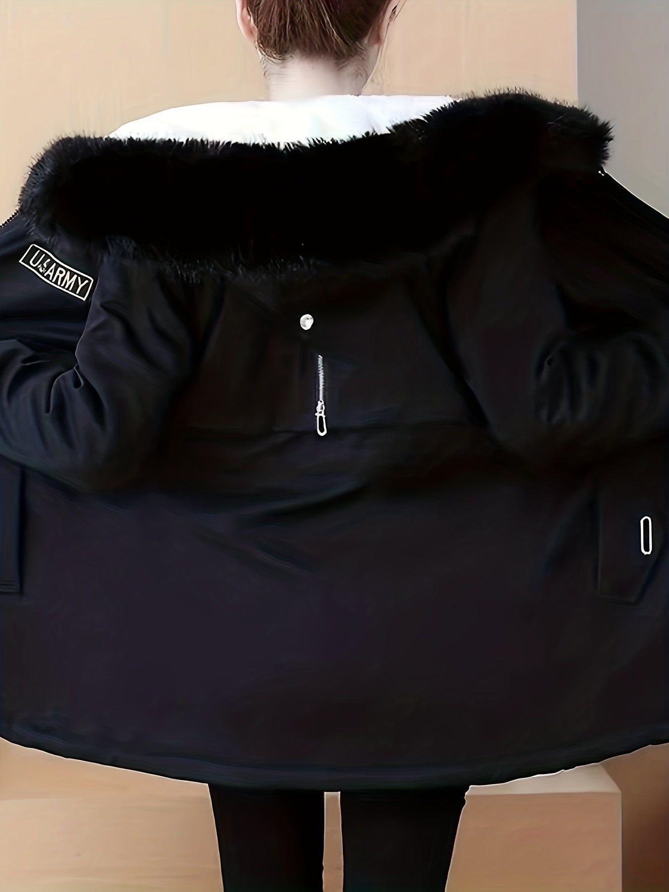 vlovelaw Fluffy Trim Zip Up Coat, Casual Solid Long Sleeve Winter Outerwear, Women's Clothing