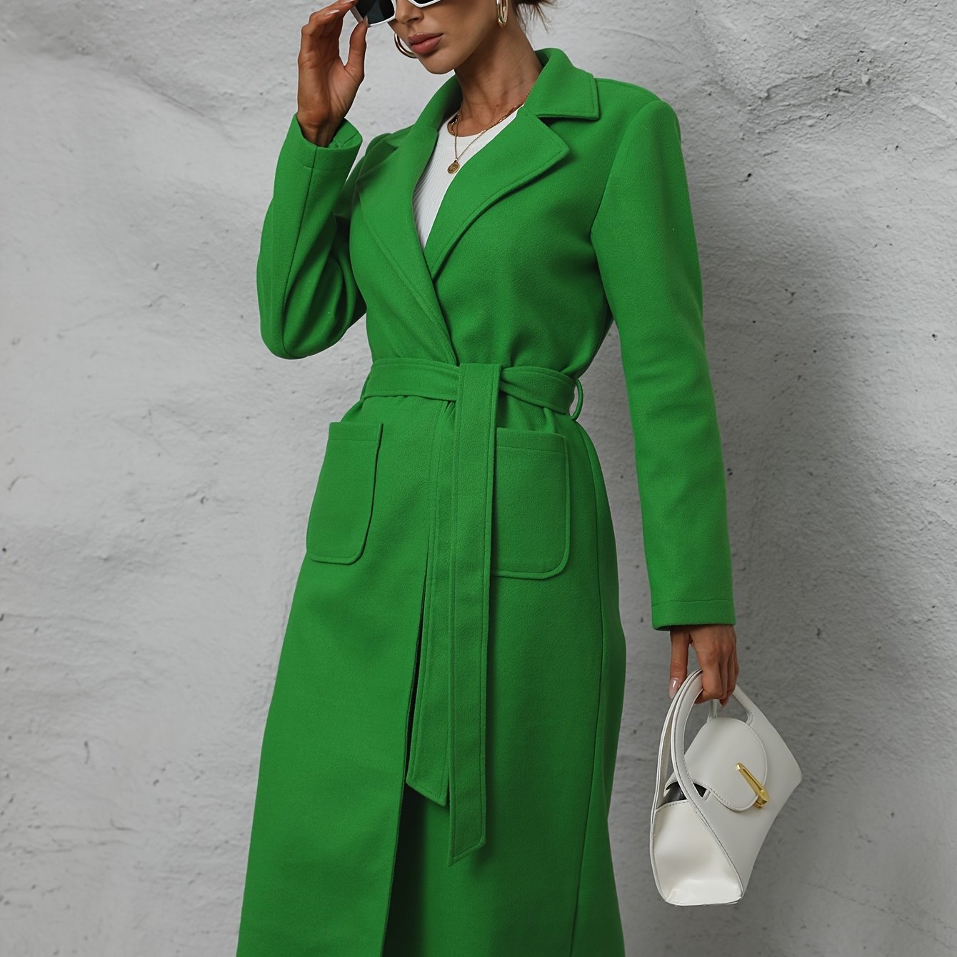 vlovelaw Dual Pocket Trench Coat, Tie Waist Solid Casual Coat For Winter & Fall, Women's Clothing