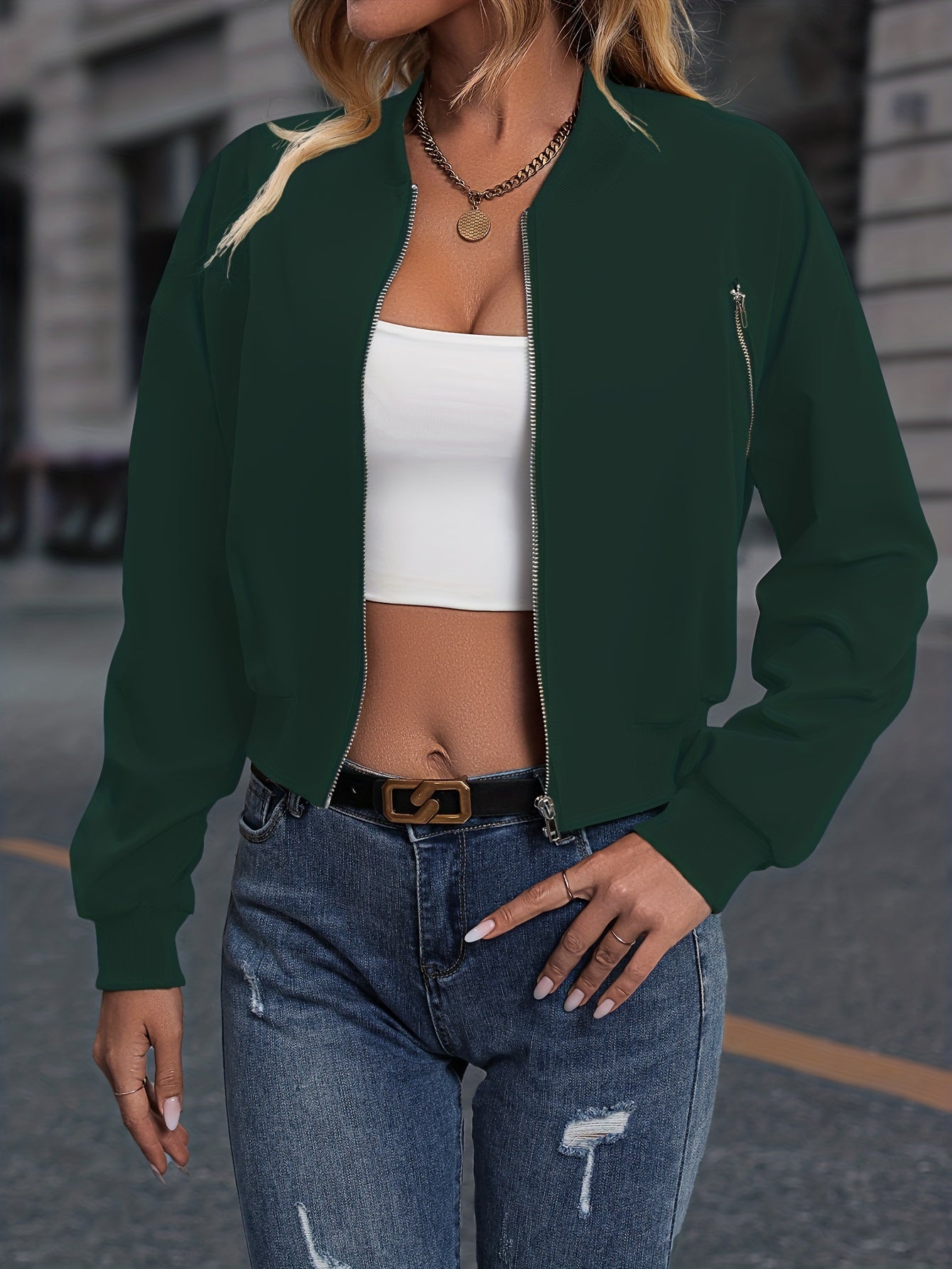 Solid Zip Up Bomber Jacket, Casual Slant Pockets Jacket For Spring & Fall, Women's Clothing