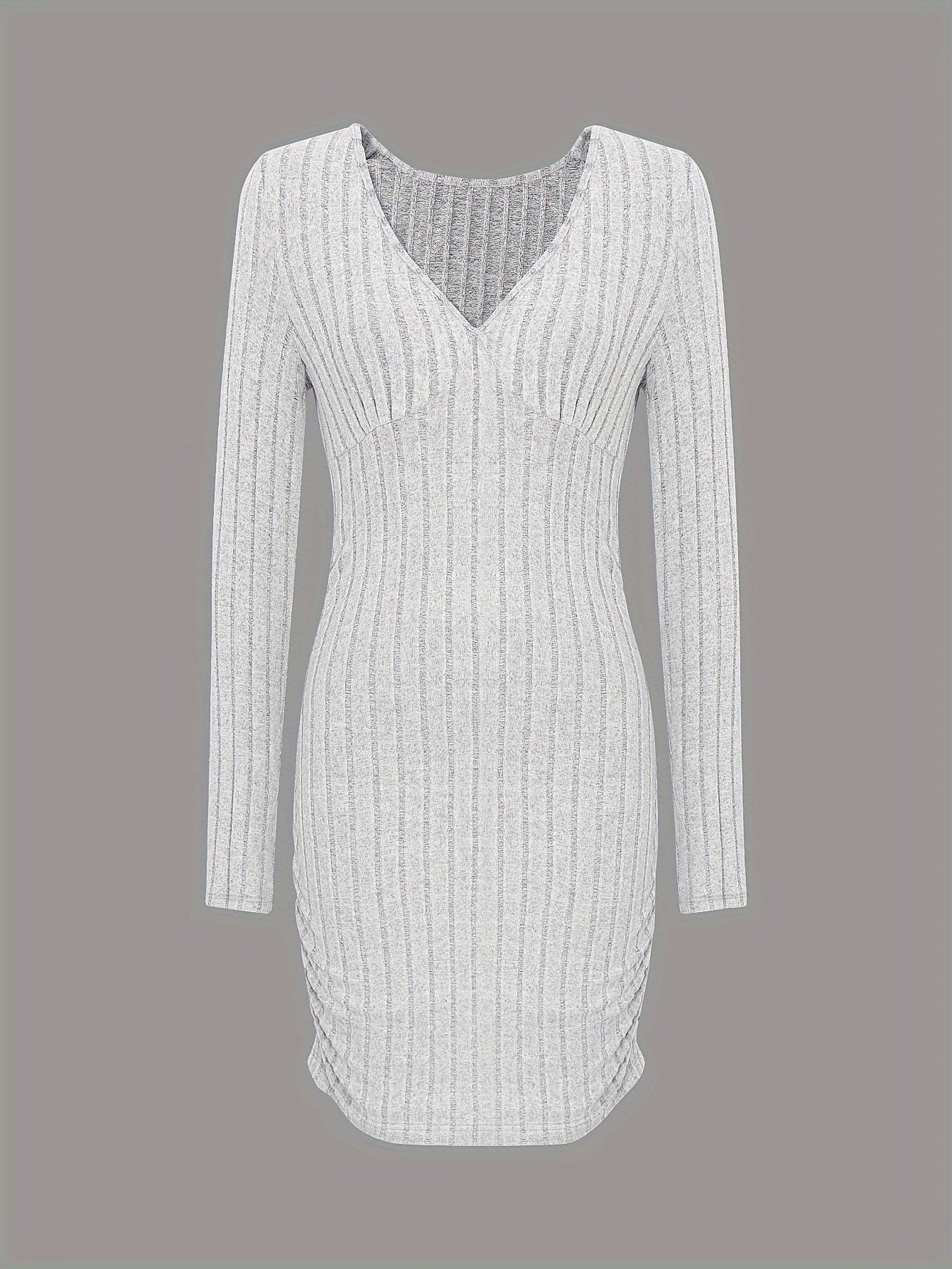 Plunging Ruched Solid Dress, Elegant Long Sleeve Bodycon Dress, Women's Clothing