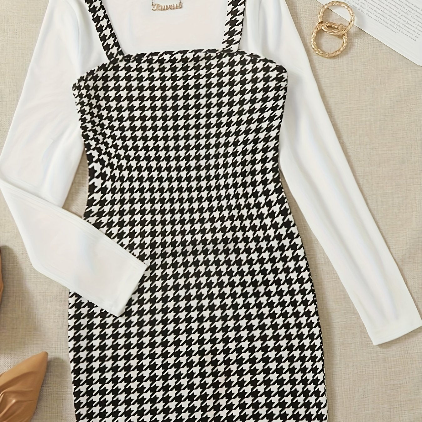vlovelaw Simple Elegant Two-piece Set, Solid Long Sleeve Tops & Houndstooth Print Overall Dress Outfits, Women's Clothing