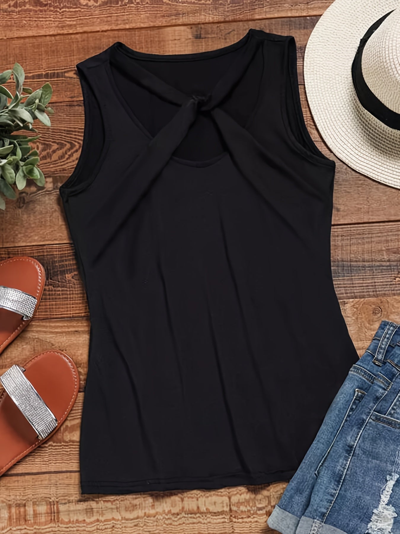 vlovelaw Criss Cross Neck Tank Top, Sexy Sleeveless Solid Summer Tank Top, Women's Clothing