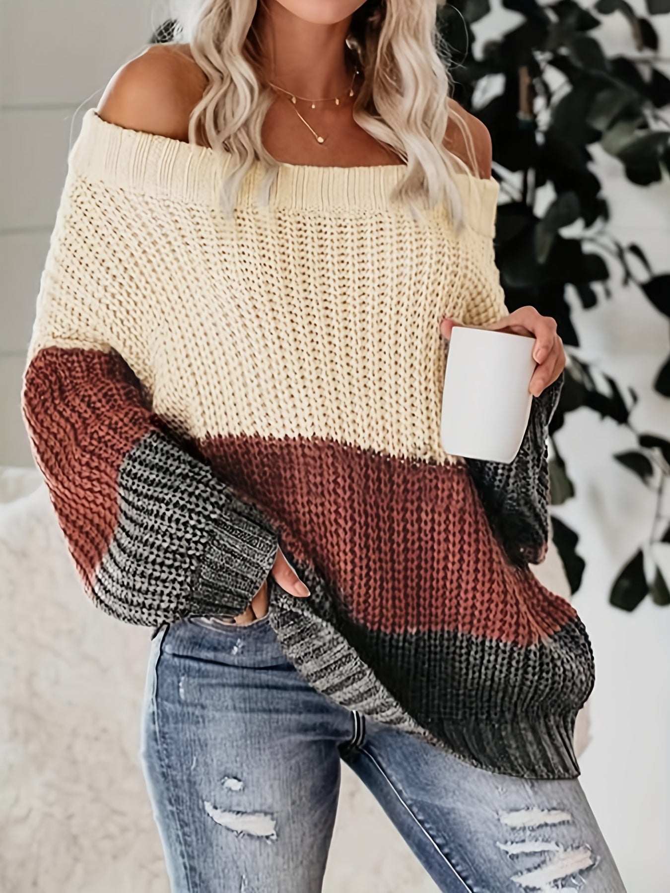 Off Shoulder Color Block Knit Sweater, Casual Loose Long Sleeve Sweater, Women's Clothing