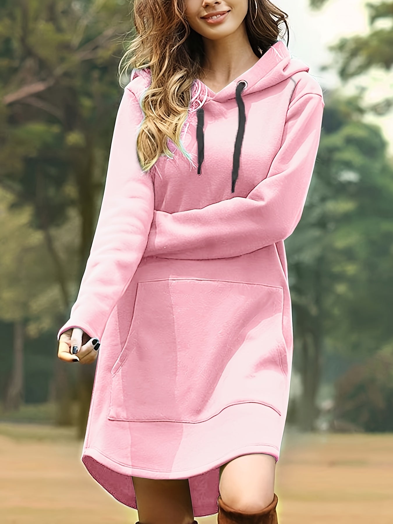 Solid Drawstring Pocket Hooded Dress, Casual Long Sleeve Dress For Spring & Fall, Women's Clothing
