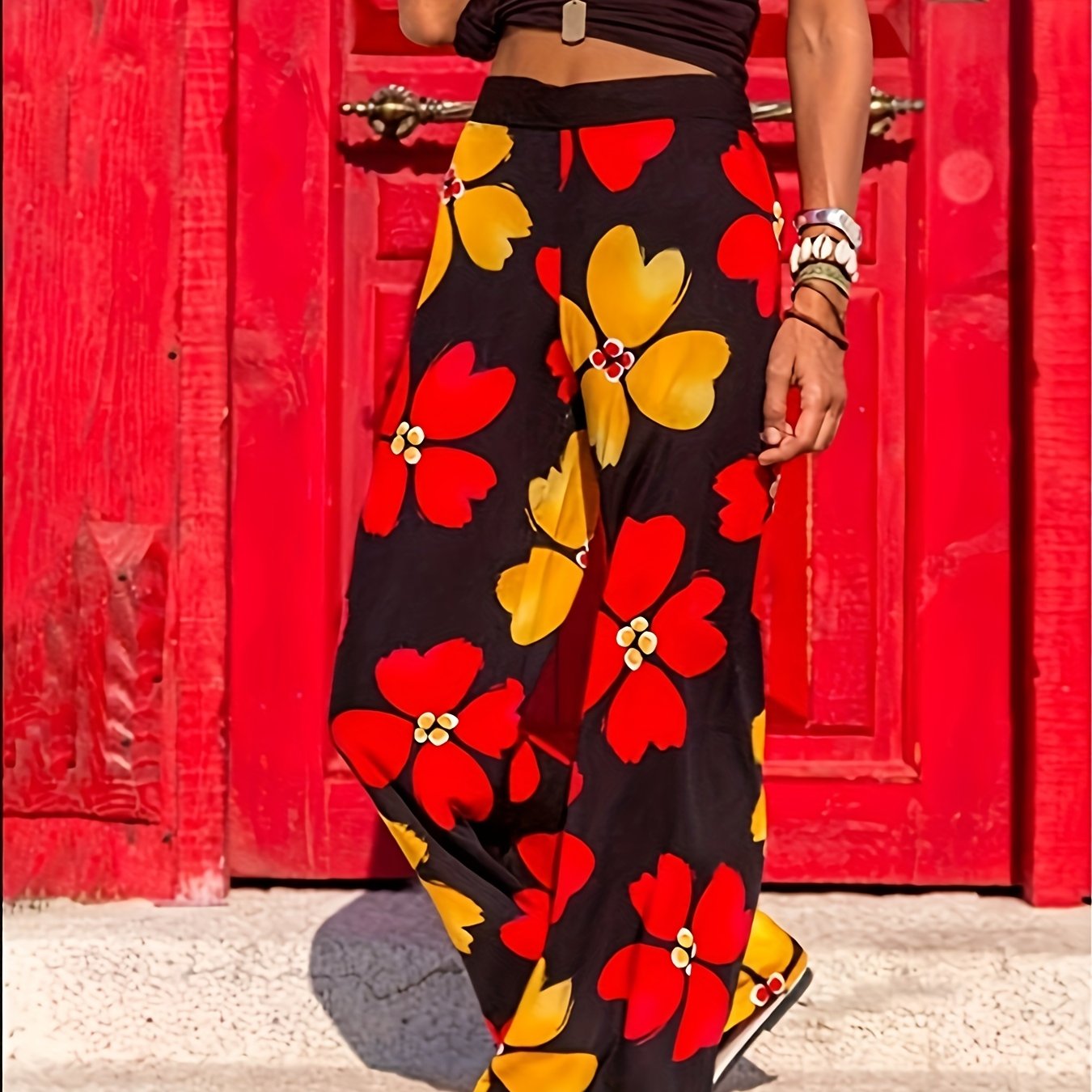 vlovelaw Plus Size Boho Pants, Women's Plus Damask Print High Rise Medium Stretch Straight Leg Pants