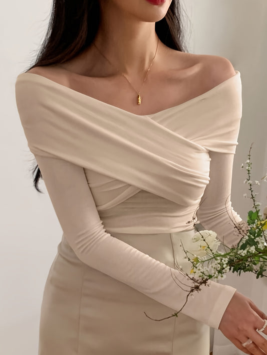 Cross Front V Neck T-shirt, Sexy Long Sleeve Ruched Top For Spring & Fall, Women's Clothing