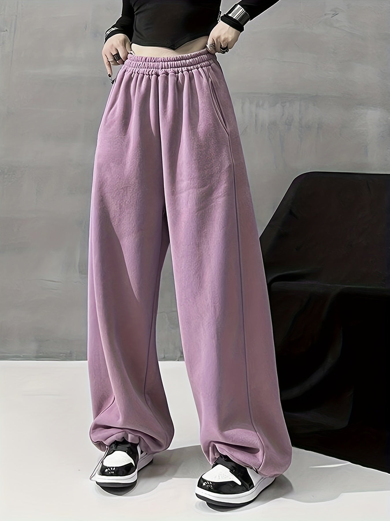 vlovelaw Solid Comfy Wide Leg Pants, Casual Elastic Waist Loose Pants With Pocket, Women's Clothing