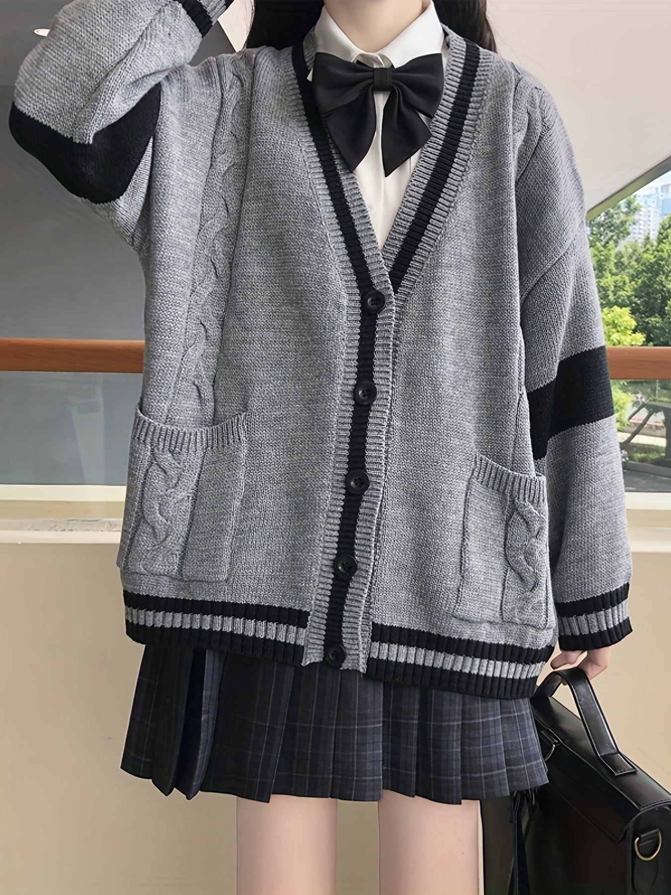 vlovelaw Color Block Button Front Knit Cardigan, Elegant V Neck Long Sleeve Sweater For Fall & Winter, Women's Clothing