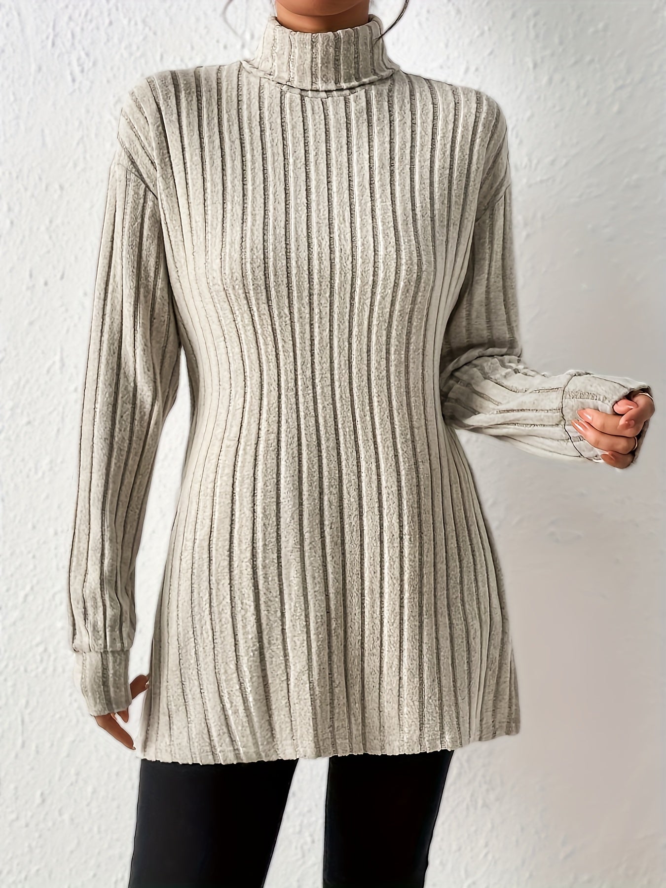 Ribbed Turtleneck Split Hem T-Shirt, Casual Long Sleeve Top For Spring & Fall, Women's Clothing