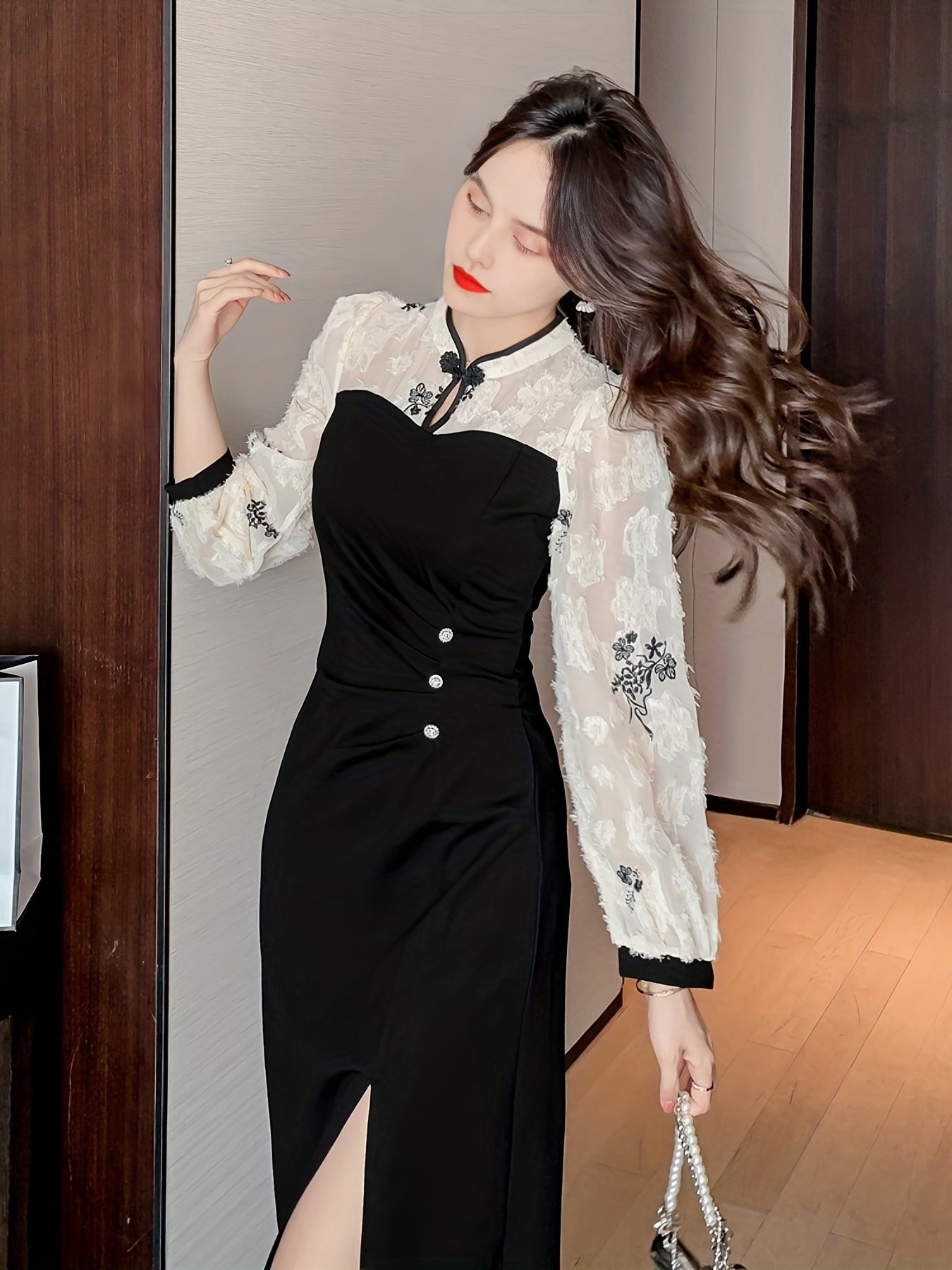 Split Hem Dress, Elegant Long Sleeve Slim Ruched Midi Dress, Women's Clothing