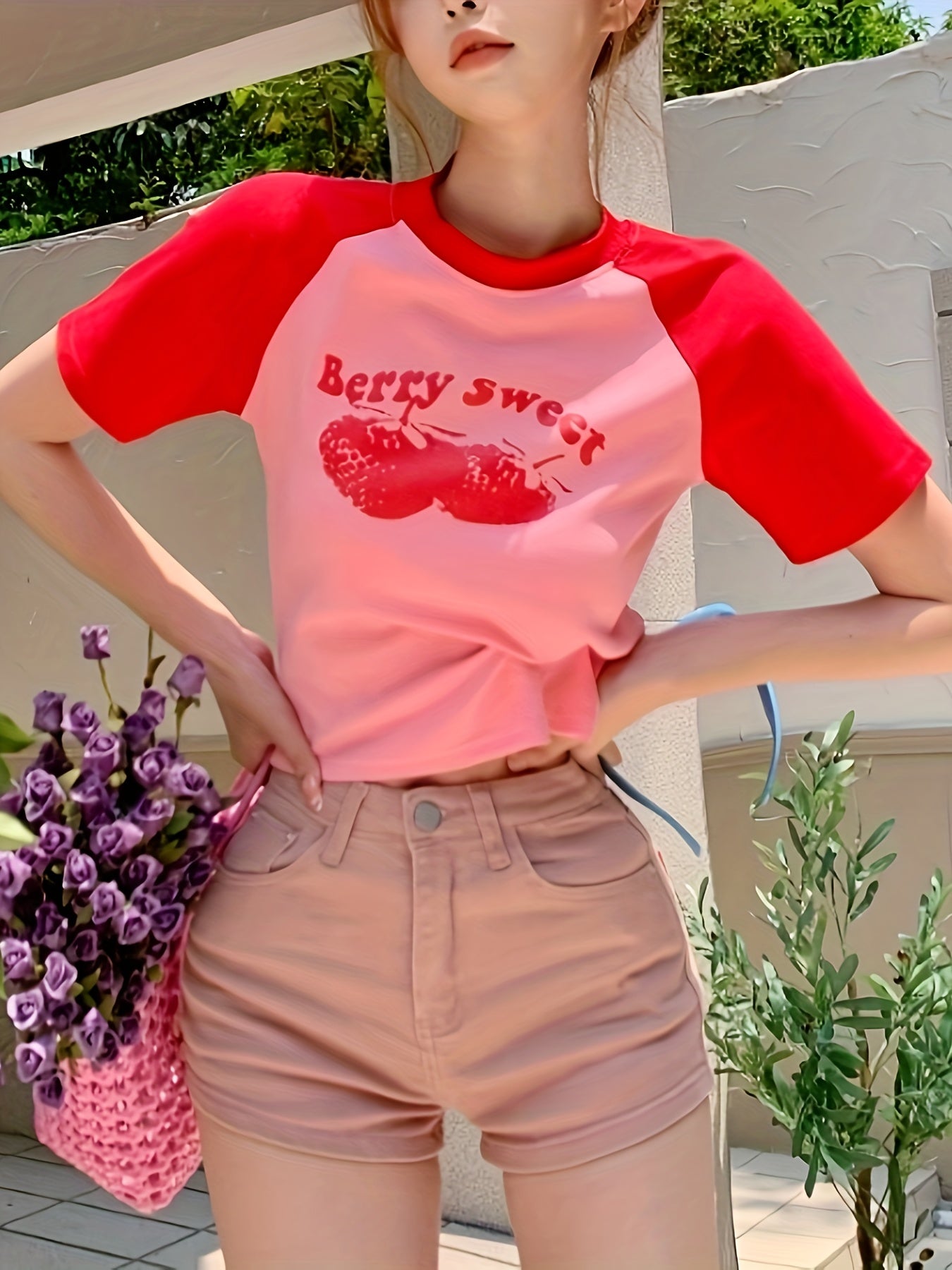 vlovelaw Cherry Print Color Block Crop T-Shirt, Casual Raglan Sleeve T-Shirt For Spring & Summer, Women's Clothing