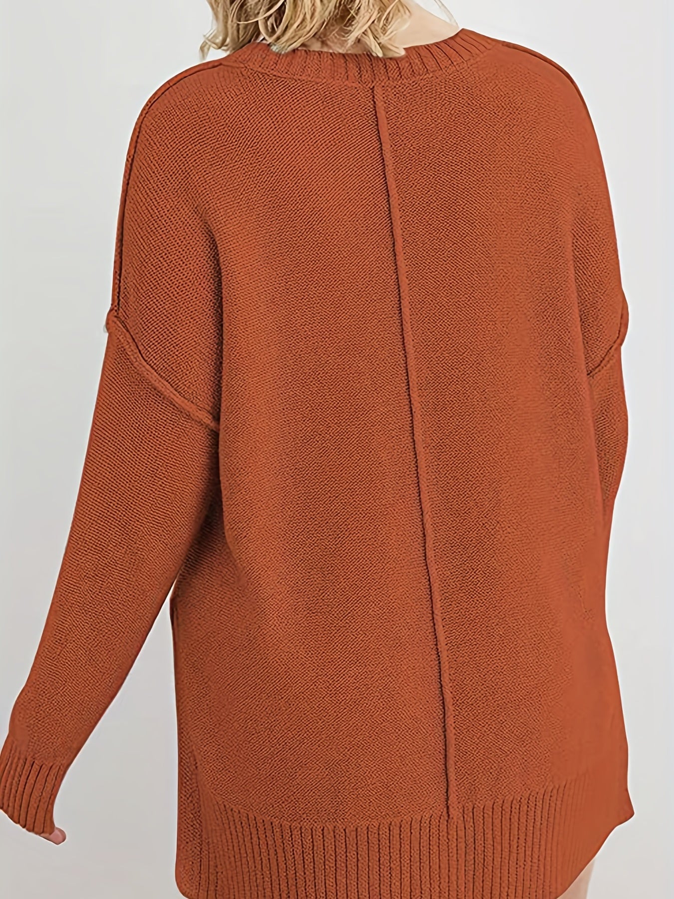 vlovelaw Solid Crew Neck Pullover Split Sweater, Casual Top Stitching Long Sleeve Sweater For Fall & Winter, Women's Clothing