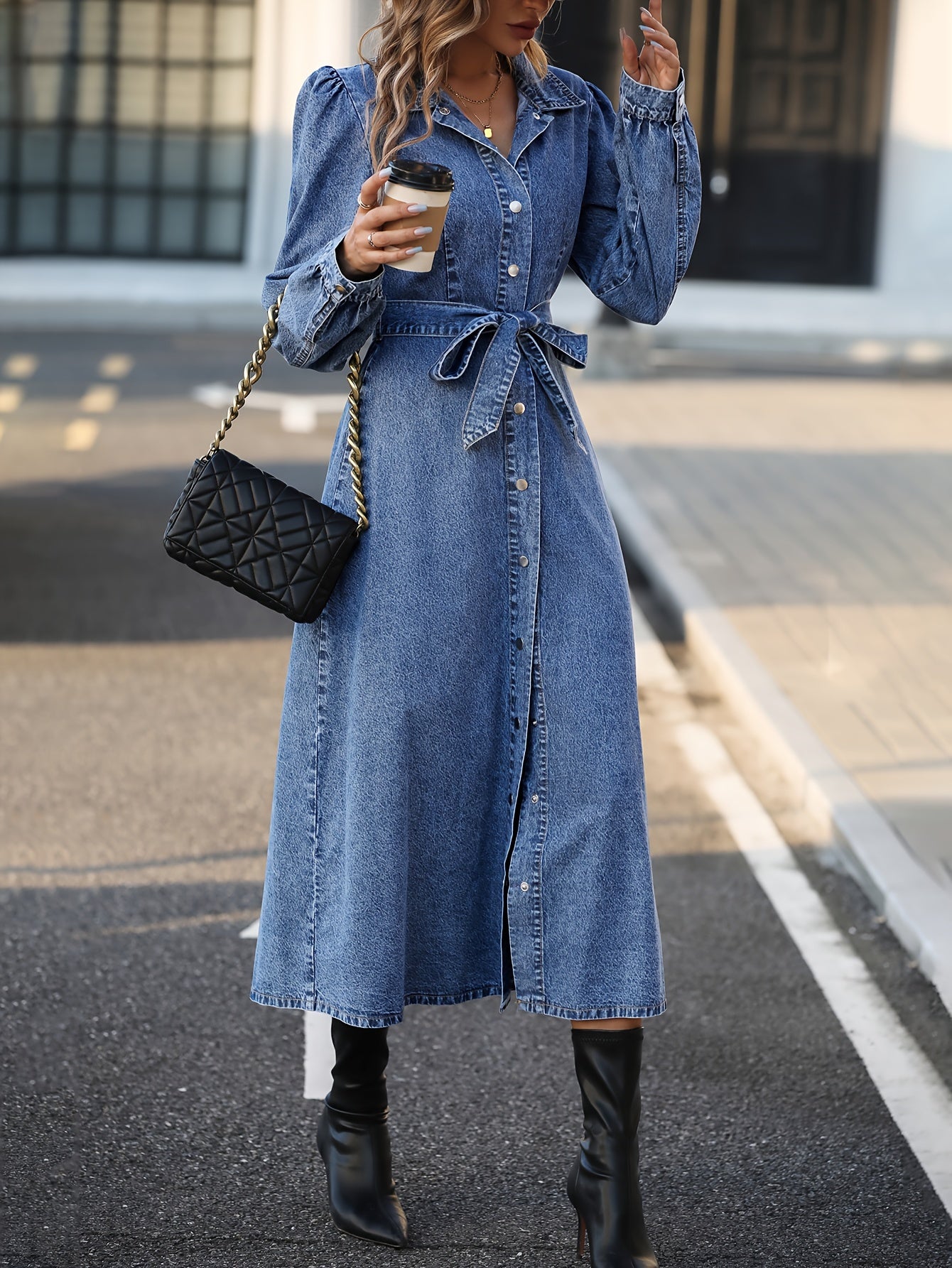 Blue Long Sleeves Denim Dress, Single Breasted Button With Waistband Lapel Denim Dress, Women's Denim Clothing