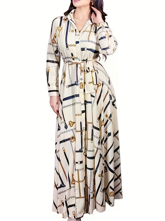 Plus Size Elegant Dress, Women's Plus Chain Print Long Sleeve Button Up Lapel Collar Maxi Shirt Dress With Belt