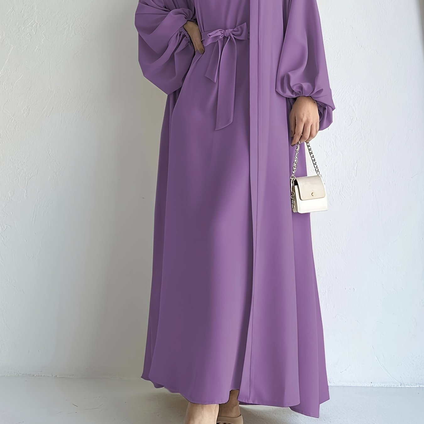 vlovelaw Ramadan Elegant Solid Two-piece Set, Open Front Coverup & Tie Waist Abayas Outfits, Women's Clothing