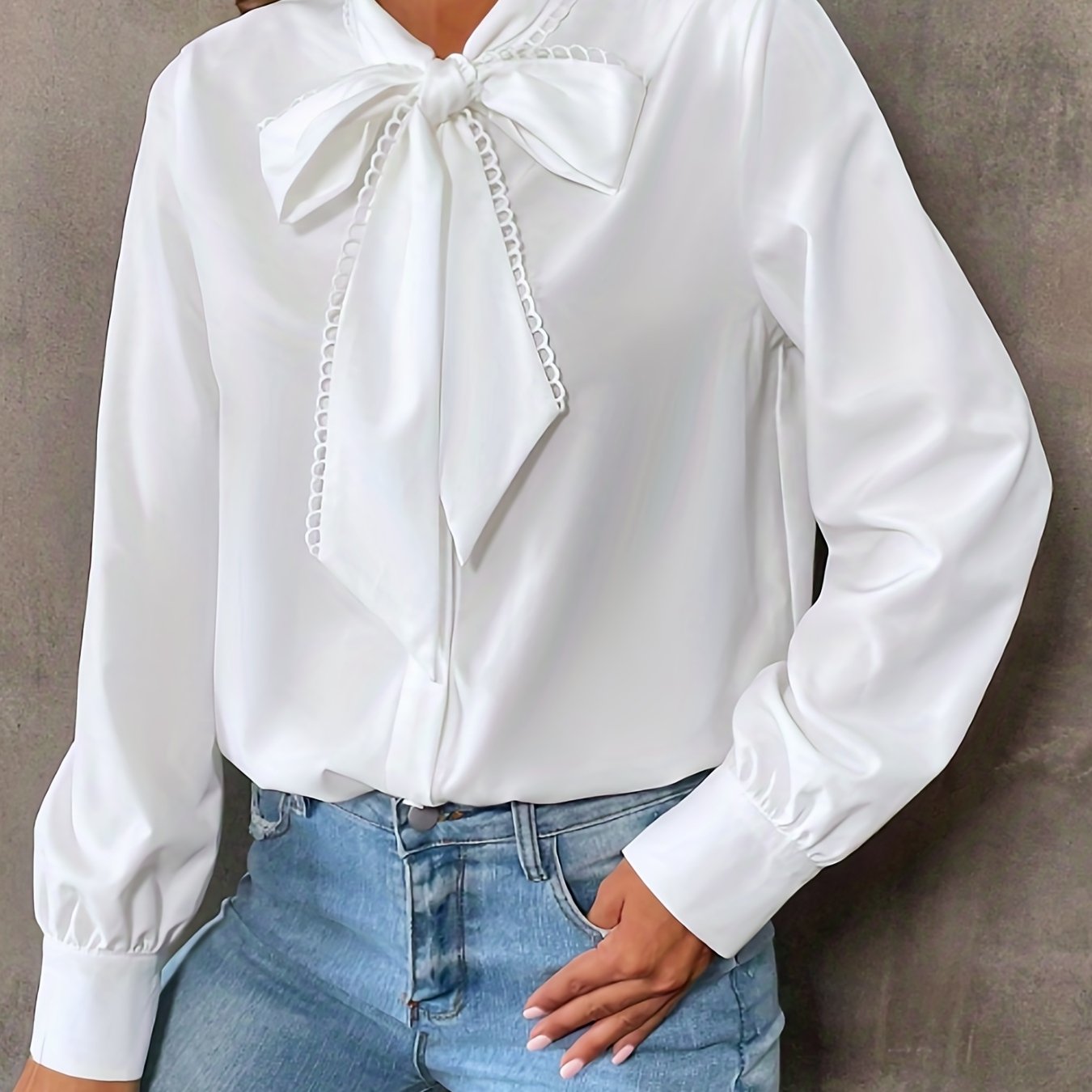 Bowknot Front Long Sleeve Blouse, High Neck Casual Top For Fall & Spring, Women's Clothing