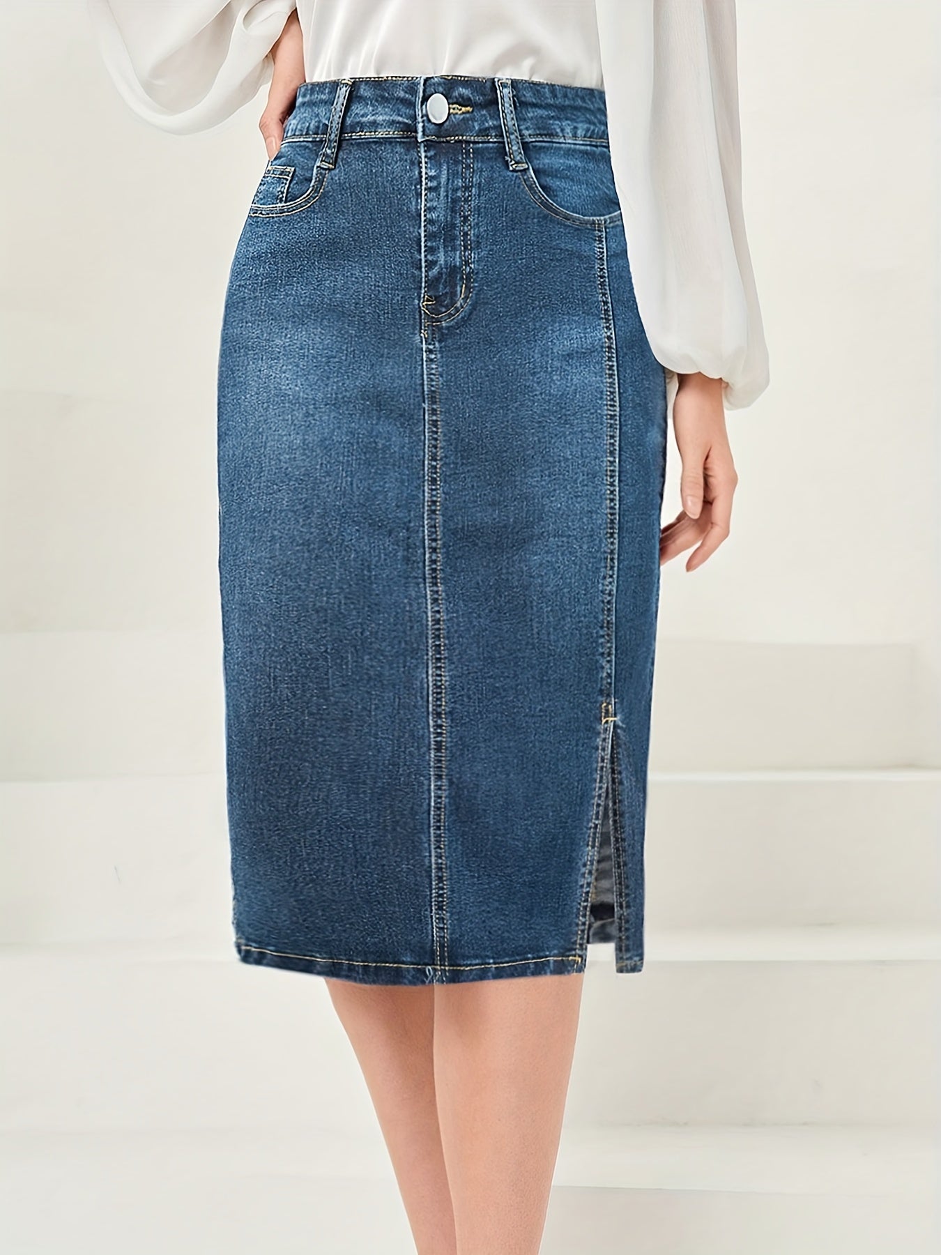 Side Split Vintage Washed Midi Denim Skirt, Zipper Button Closure Solid Color Slash Pocket Denim Skirt, Women's Denim Jeans & Clothing