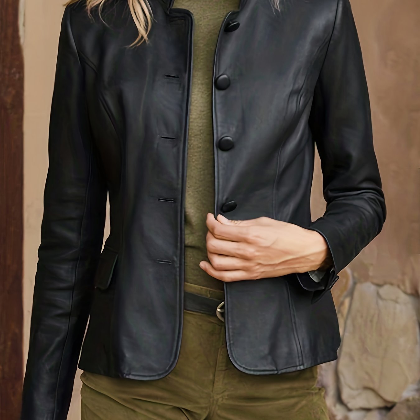 vlovelaw Solid Button Front Jacket, Elegant Long Sleeve Pu Leather Outwear, Women's Clothing